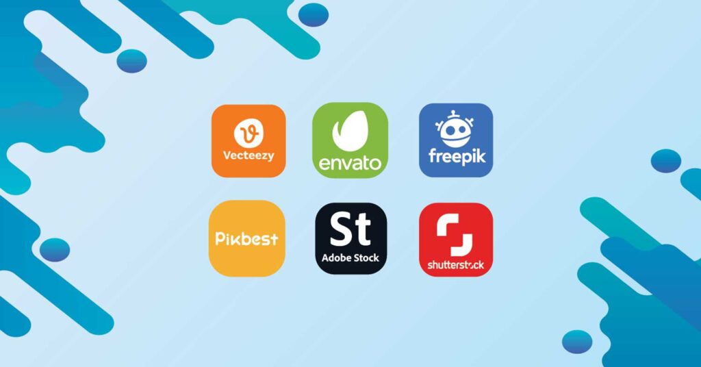 A blue theme background with 6 logos in the middle freepik, shutterstock, envato elements, adobe stock, pikbest, vecteezy
