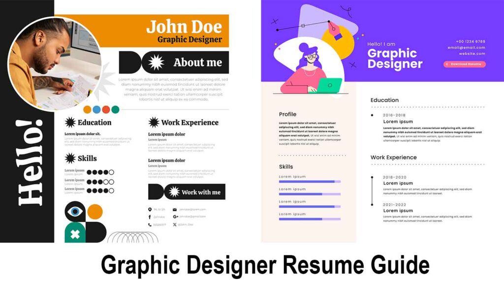 Two creative graphic designer resume and a text under them saying graphic designer resume guide