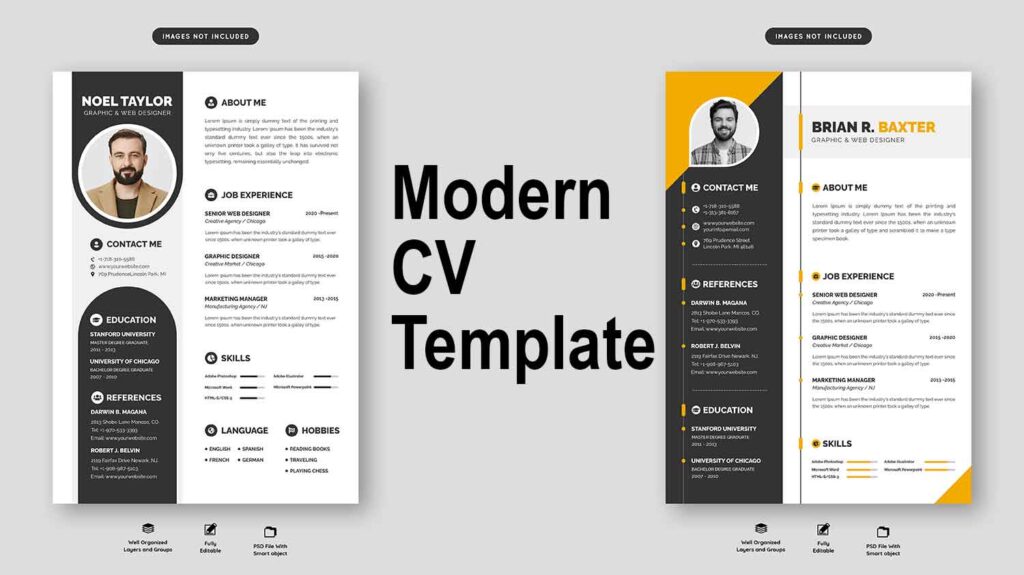 Two Modern CV Templates on the left and right side with text in middle written Modern CV Template
