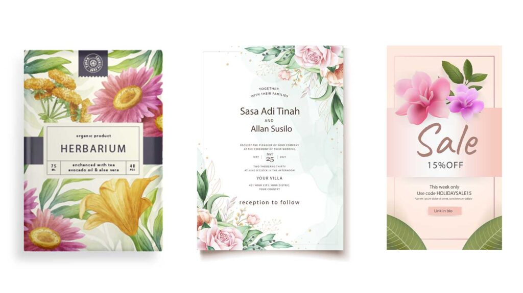 three creative uses for flower images flower social media post, flower invitation and flower story template