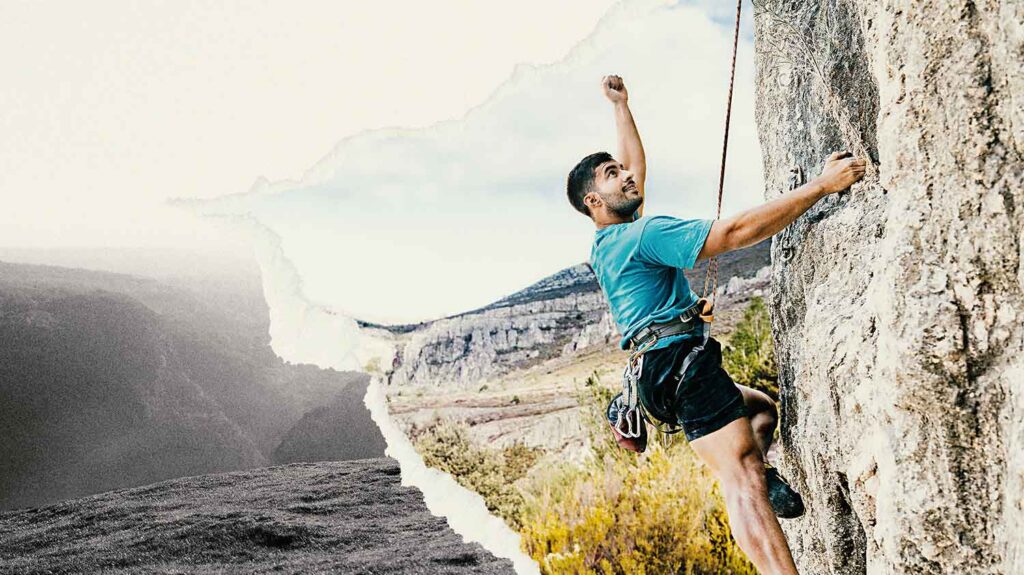 A man climbing mountain with two backgrounds