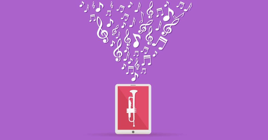 Music notes coming out of a phone on a purple background