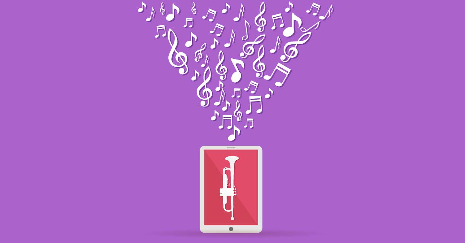 Music notes coming out of a phone on a purple background