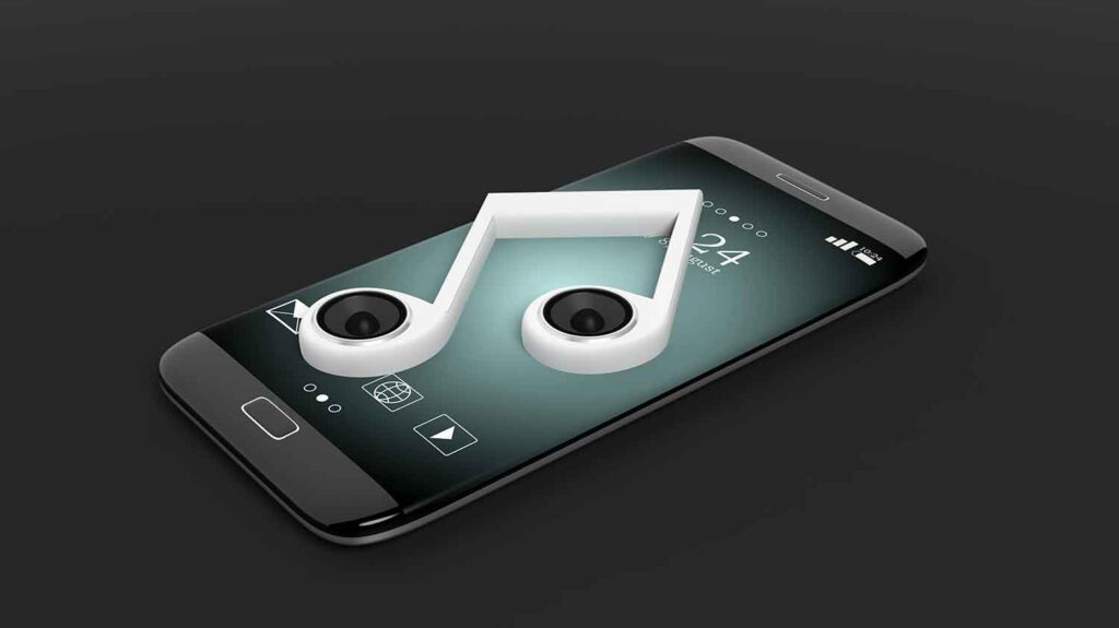 A music note on a phone on black background