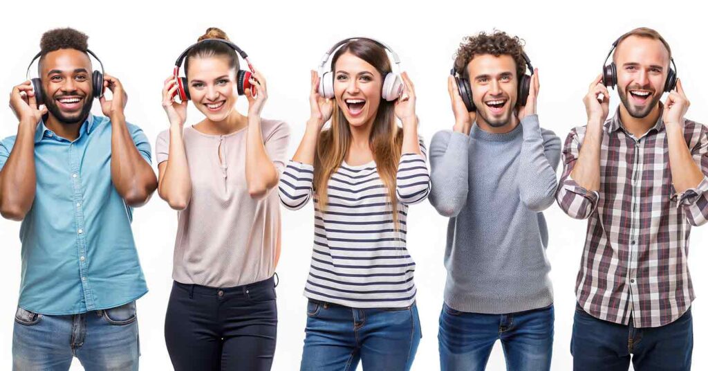 Group of people laughing with headphones on their head