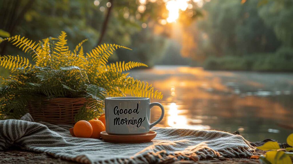 A cup in nature with a good morning text on it