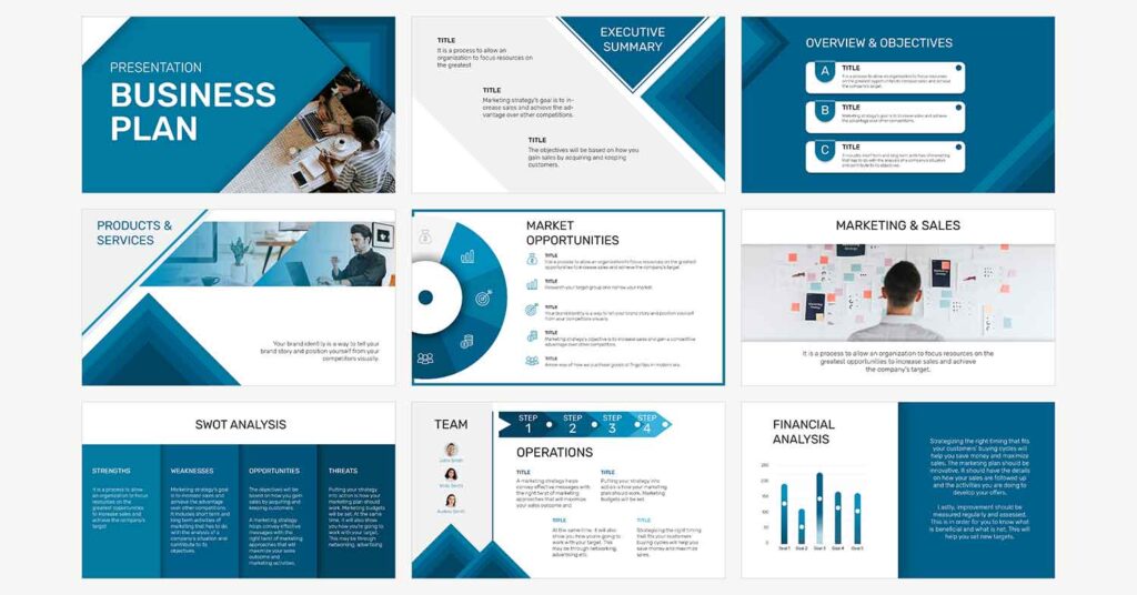 Business plan PowerPoint template with blue theme