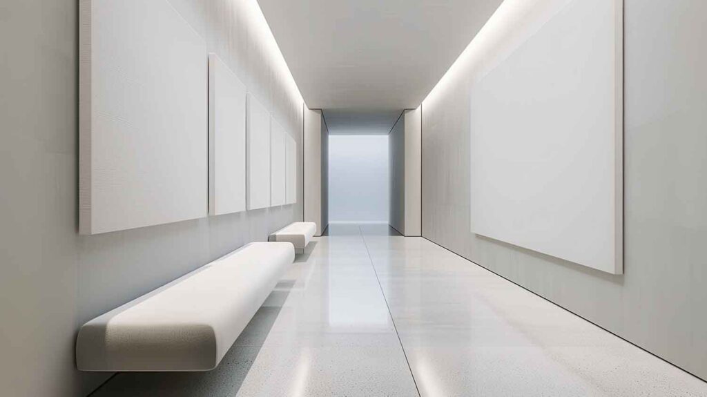 Minimalist White Gallery Corridor with Blank Canvas Artwork and Benches