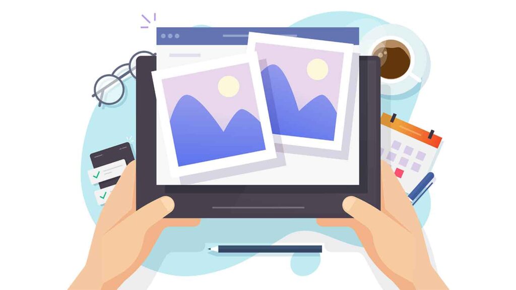 two hands holding bunch images and folders