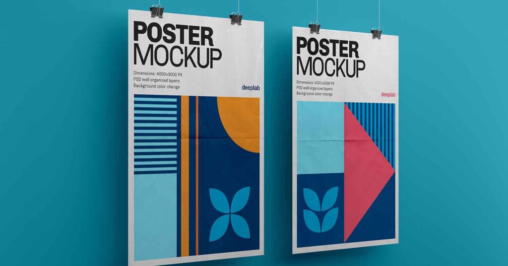 poster mockups on light blue background