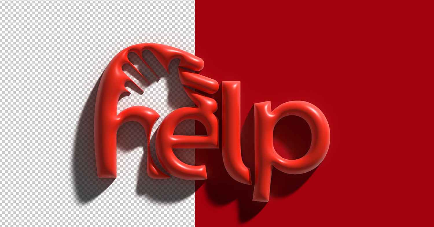 3d logo mockup written help in red with a half transparent background