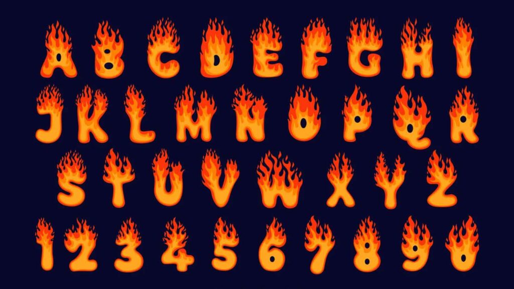 all english alphabet and 1 to 9 numbers in fire theme