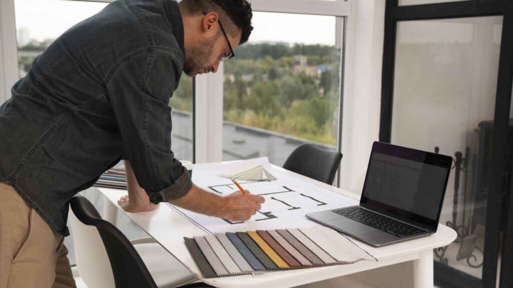 a man with a pencil on his right hand designing on paper 