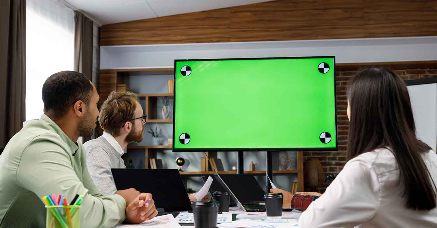 group of people in a business meeting looking at a green screen