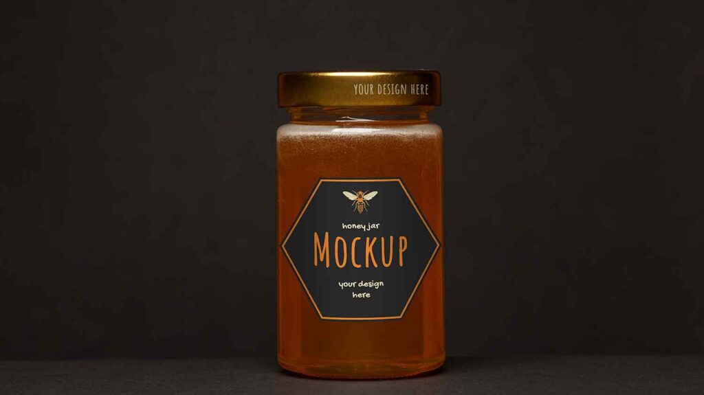a honey bottle mockup with a black background